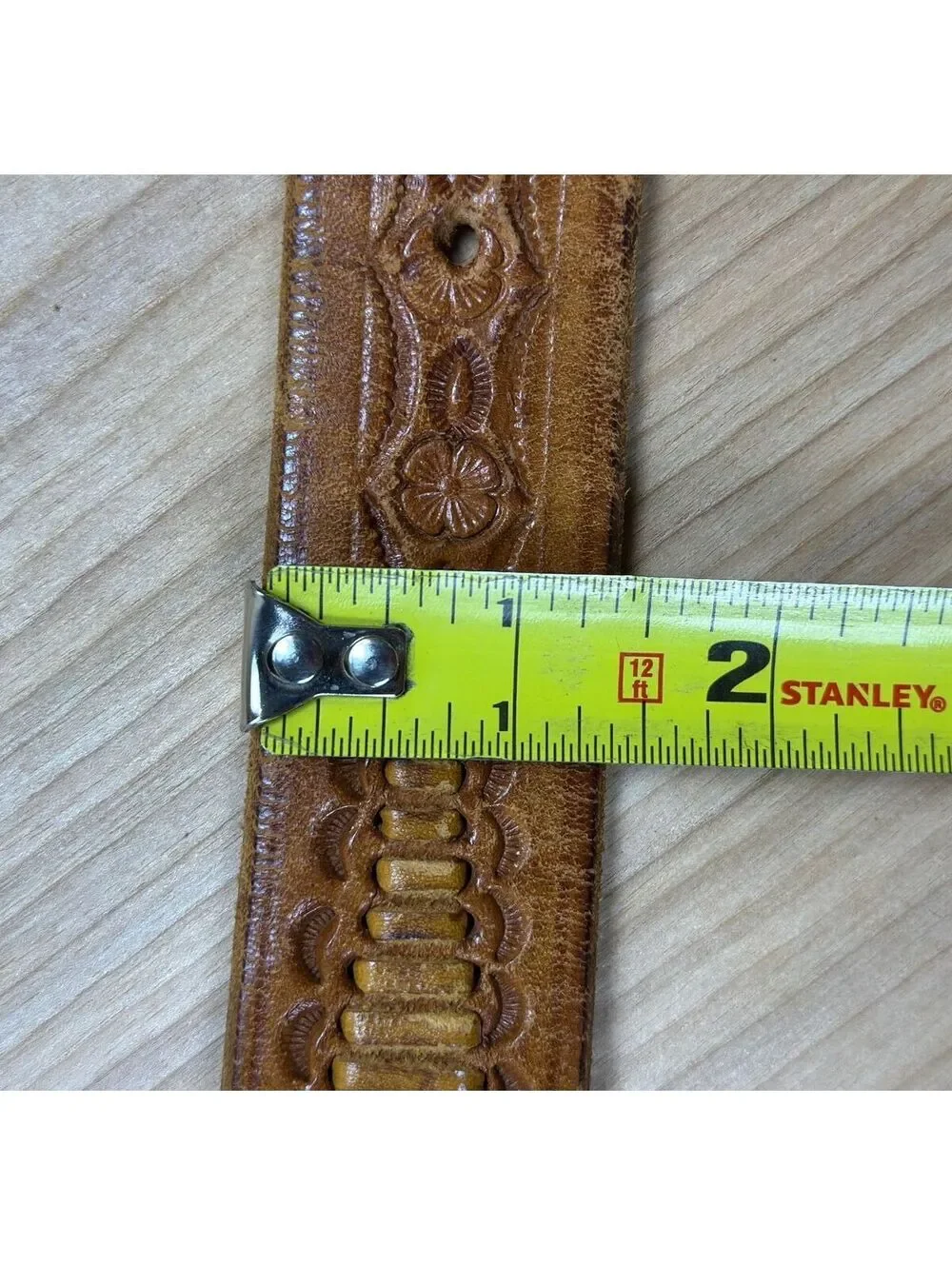 Vintage 70s Western Leather Belt 38 woven tooled floral flowers 1-3/8